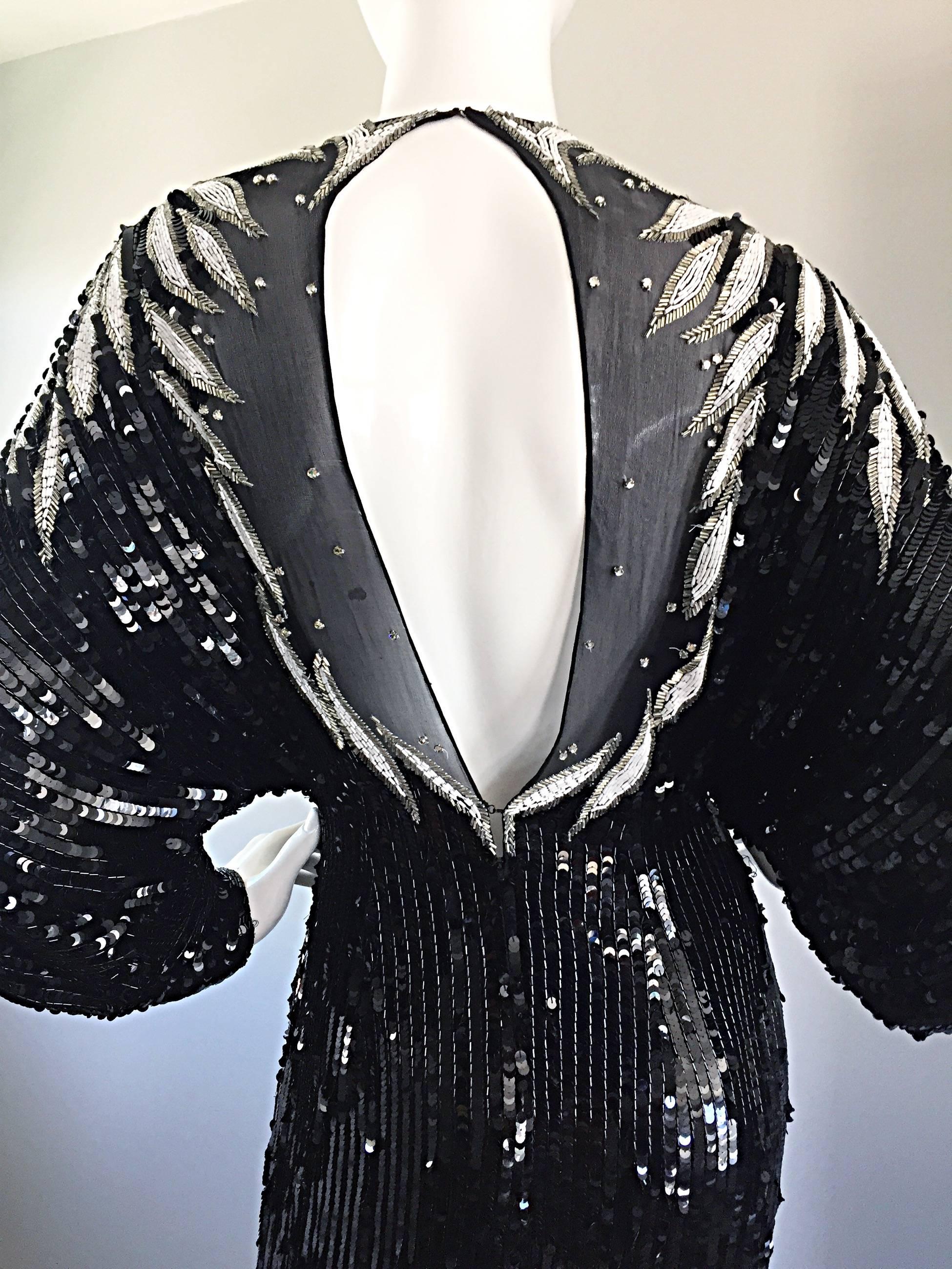 Women's Bob Mackie Vintage Couture Custom Made Black Silk Sequin Beaded Gown  For Sale