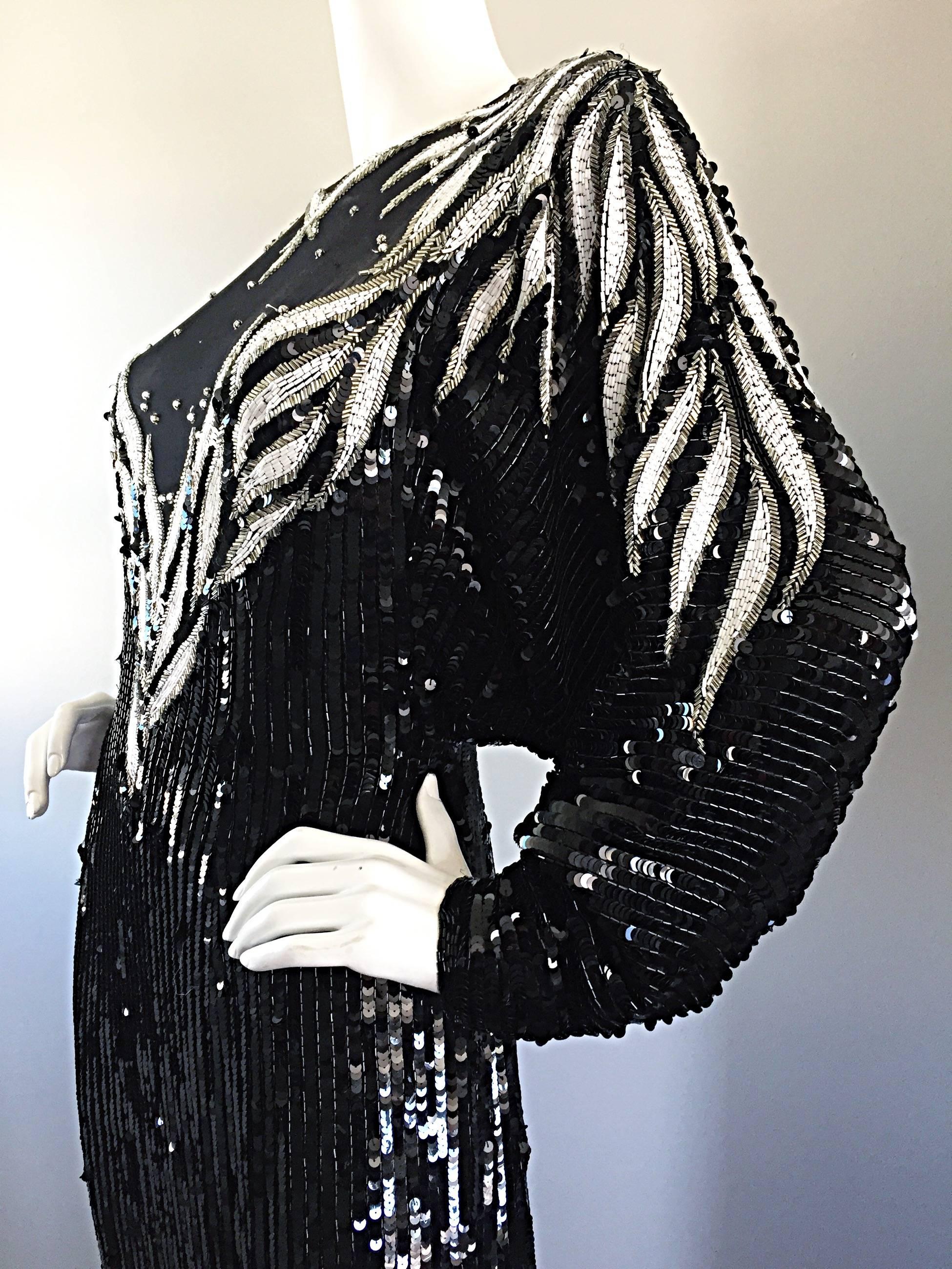Bob Mackie Vintage Couture Custom Made Black Silk Sequin Beaded Gown For Sale 1