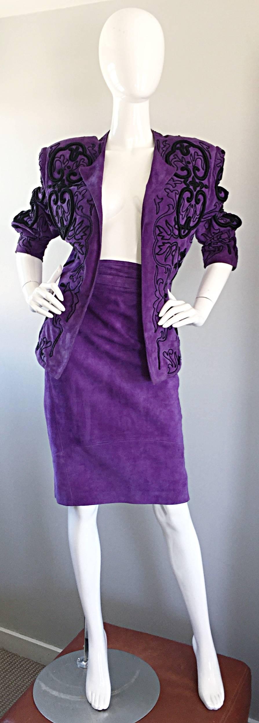 Jean Claude Jitrois Couture Leather Custom Made Purple Lesage Beaded Skirt Suit In Excellent Condition For Sale In San Diego, CA