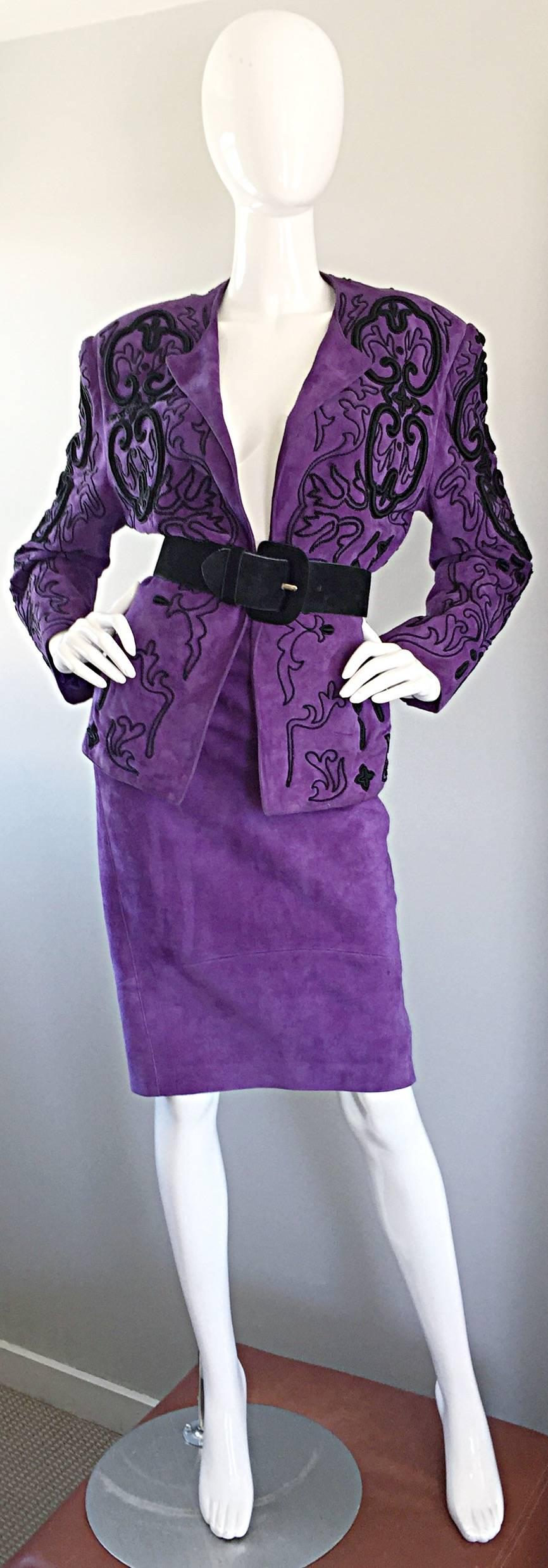 Jean Claude Jitrois Couture Leather Custom Made Purple Lesage Beaded Skirt Suit For Sale 3