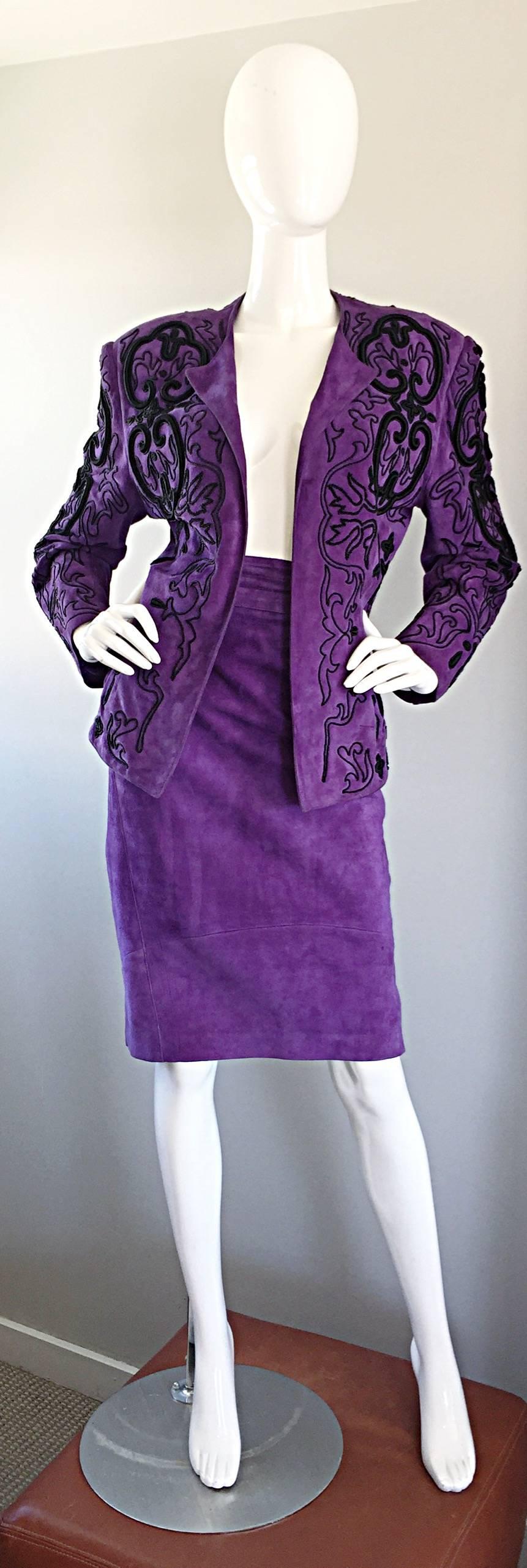 Extraordinary vintage custom made haute couture JEAN CLAUDE JITROIS leather suede regal purple ensemble from the leather genius. My client, who is the original customer, commissioned Jitrois to make this ensemble for her, and retailed for $7,000 in