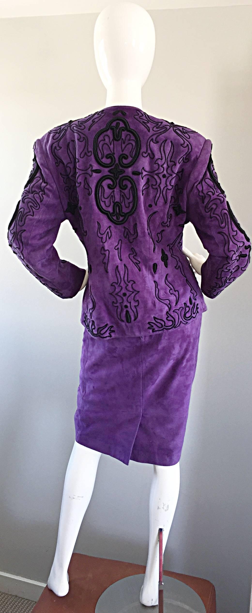 Jean Claude Jitrois Couture Leather Custom Made Purple Lesage Beaded Skirt Suit For Sale 1