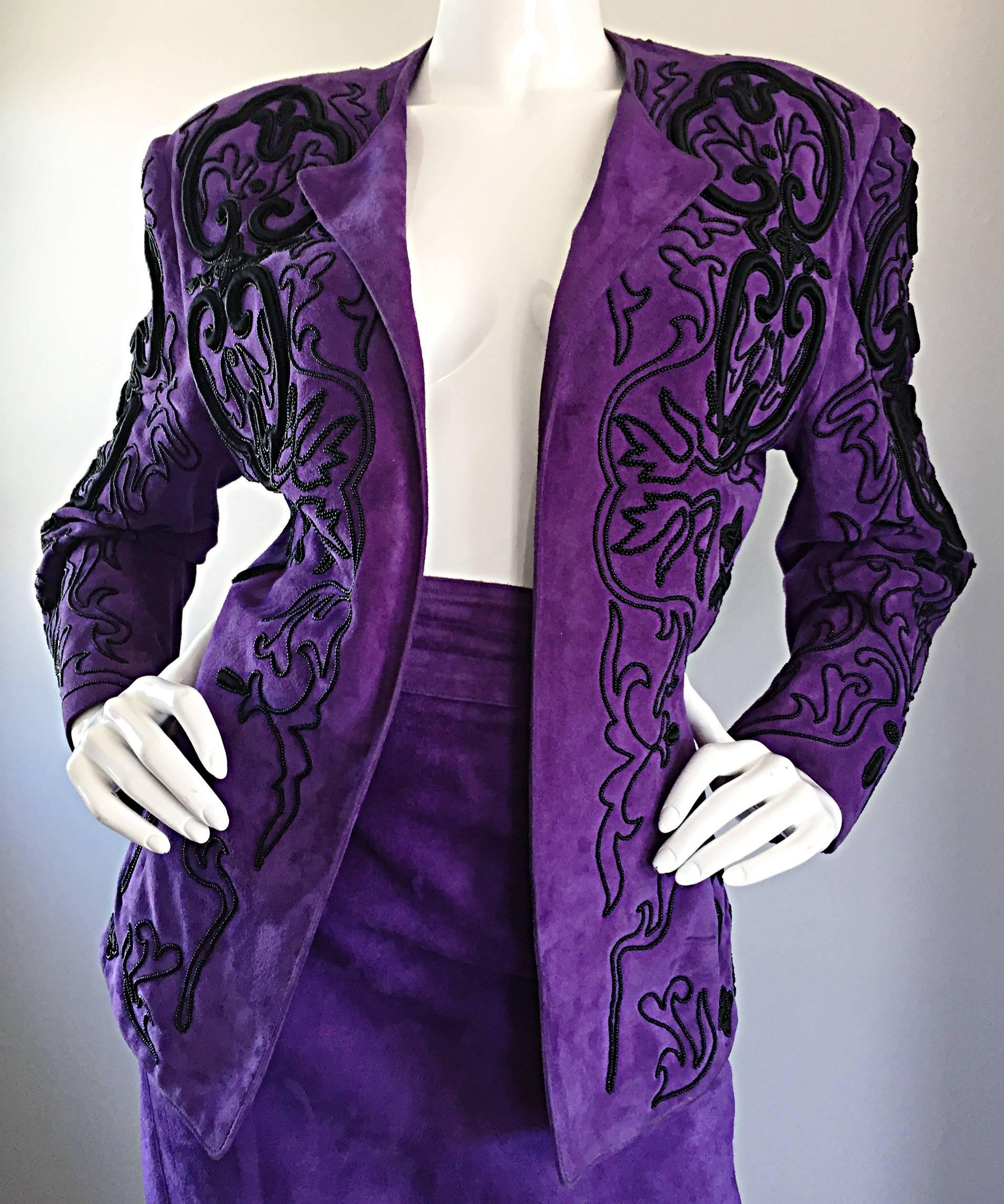 Women's Jean Claude Jitrois Couture Leather Custom Made Purple Lesage Beaded Skirt Suit For Sale