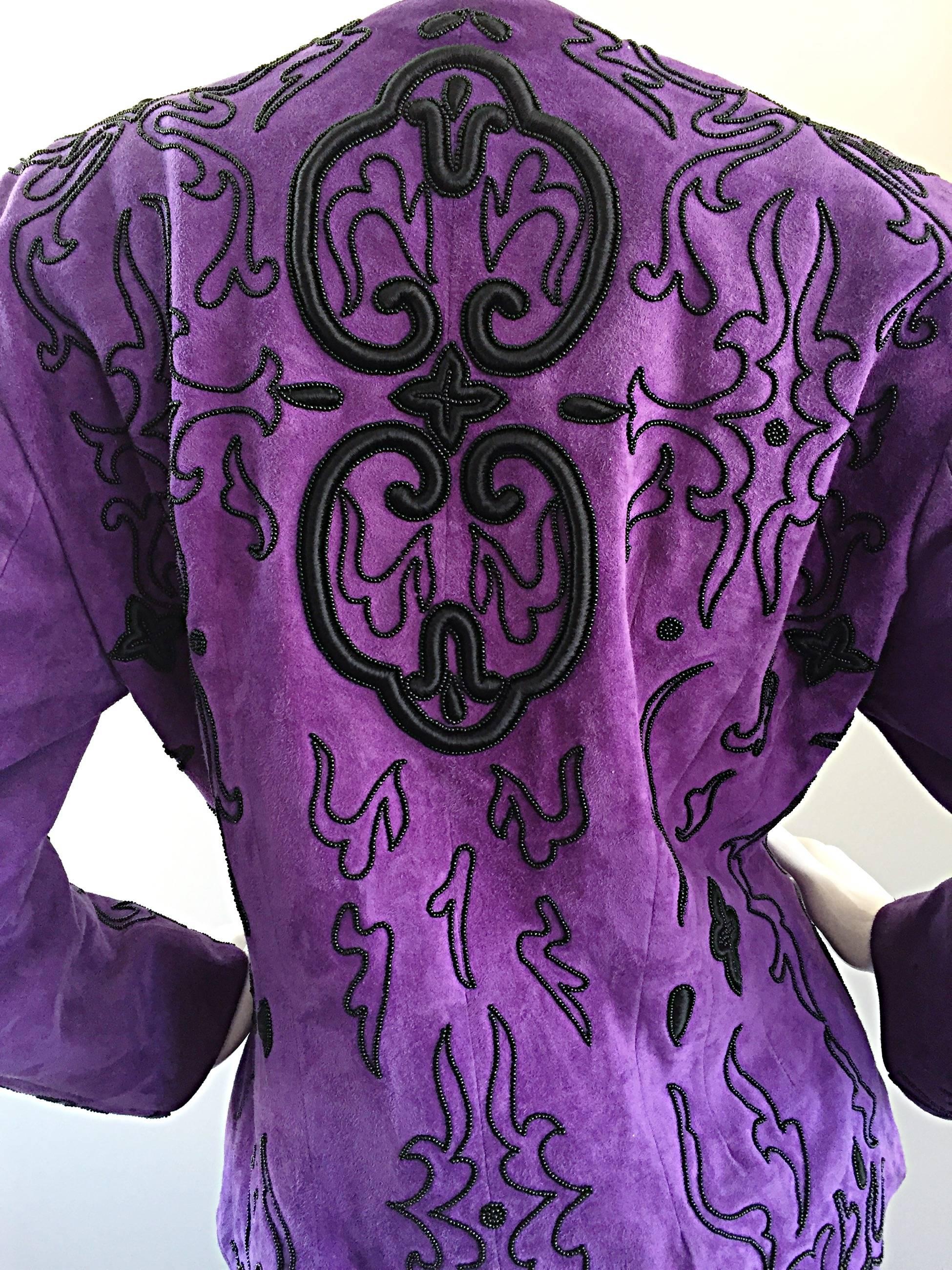 Jean Claude Jitrois Couture Leather Custom Made Purple Lesage Beaded Skirt Suit For Sale 2