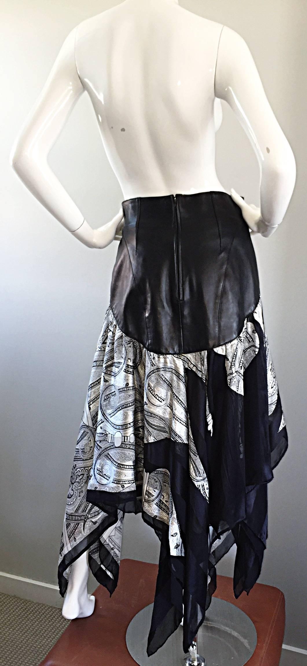 Women's Vintage Jean Claude Jitrois Black and White Leather + Silk Handkerchief Skirt For Sale
