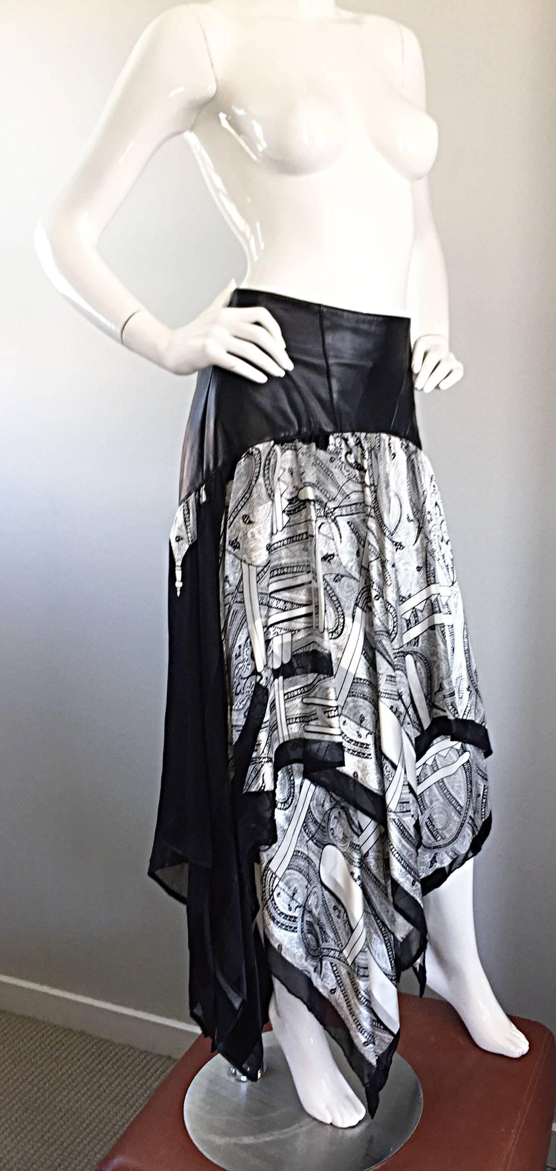 Vintage Jean Claude Jitrois Black and White Leather + Silk Handkerchief Skirt In Excellent Condition For Sale In San Diego, CA