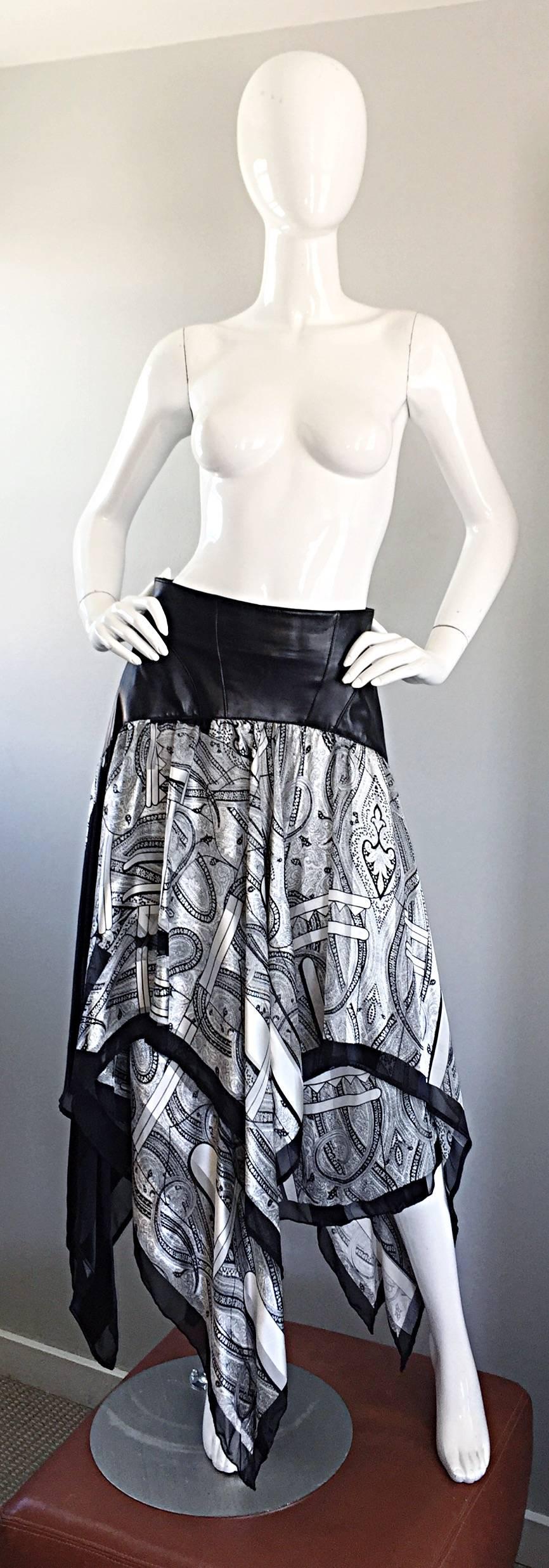 Vintage Jean Claude Jitrois Black and White Leather + Silk Handkerchief Skirt For Sale 1