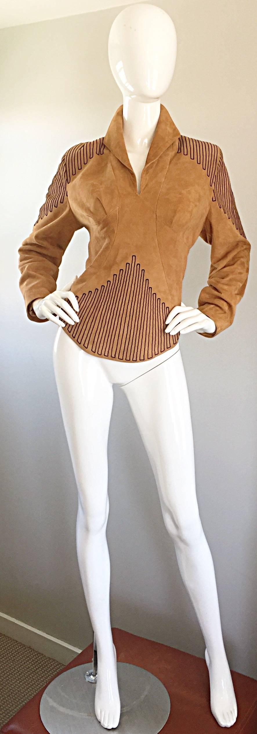 Brown  Vintage Jean Claude Jitrois Couture Numbered 1990s Leather Suede Tunic Top