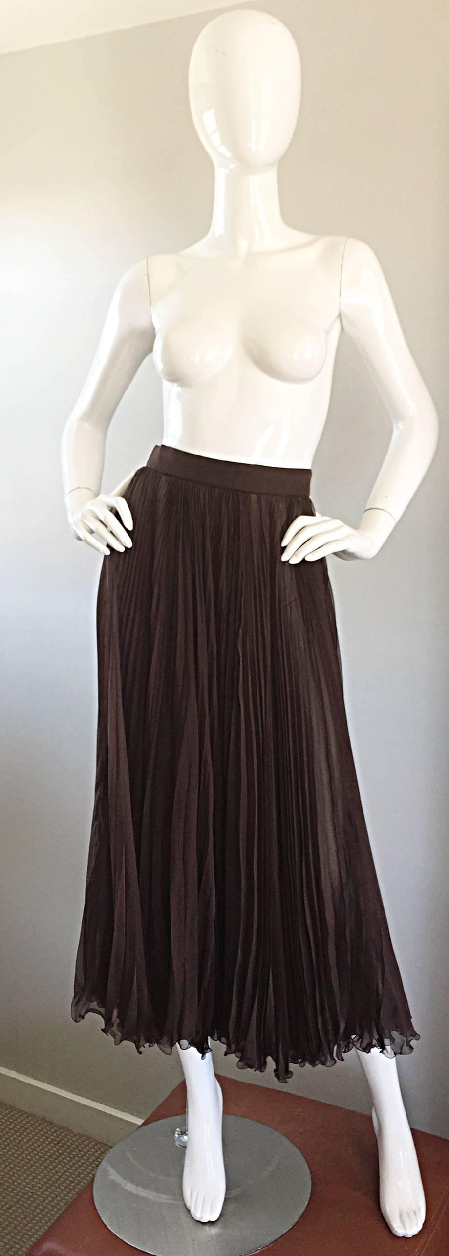 Exceptional Vintage Valentino Chocolate Brown Silk Chiffon Pleated Midi Skirt 1