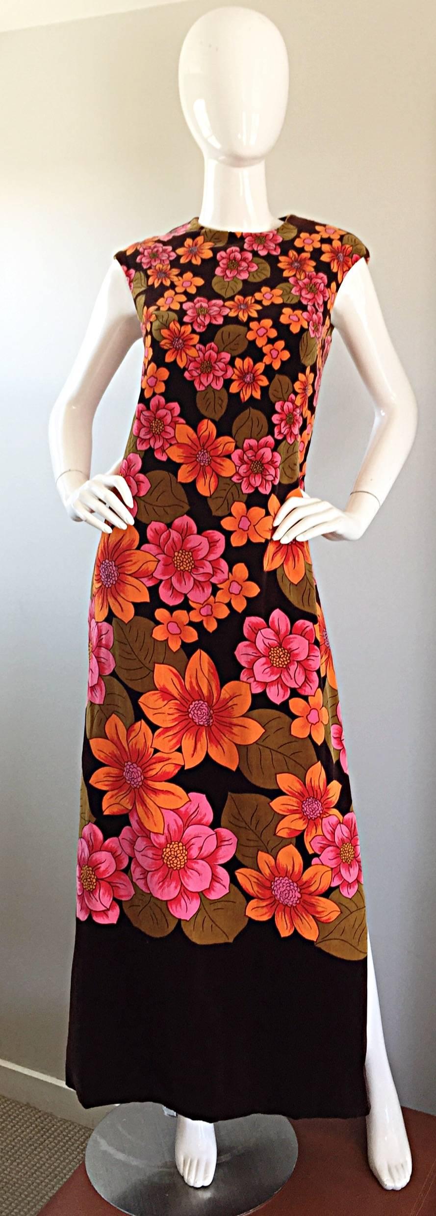 Amazing late 1960s DYNASTY soft velvet maxi dress! Vibrant colors of orange and pink, with a chocolate brown backdrop. Mod flower prints throughout. Extremely well made, with quite a bit of attention to detail in the construction. Luxurious soft