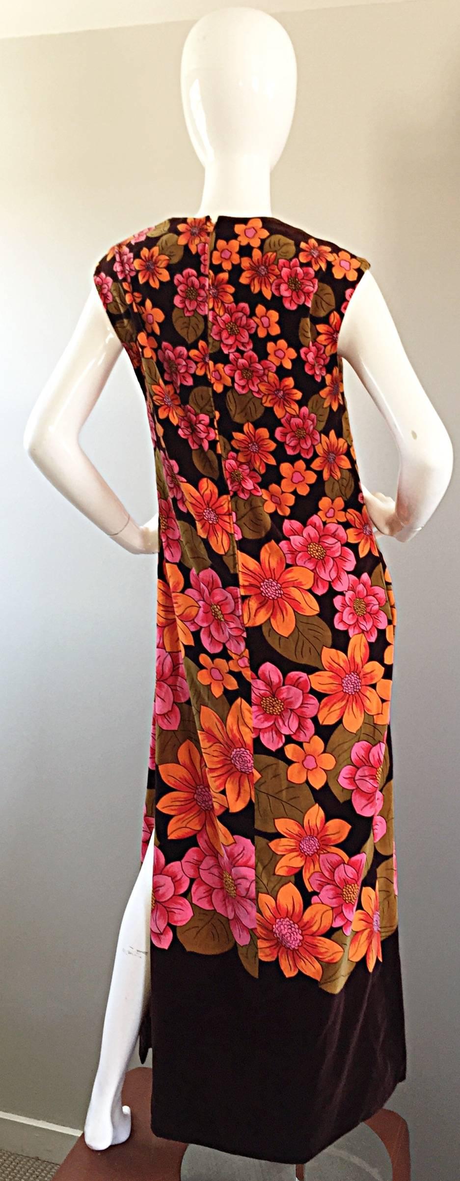 Red 1960s Dynasty Pink + Orange + Brown Velvet Vintage Late 60s Flower Maxi Dress For Sale
