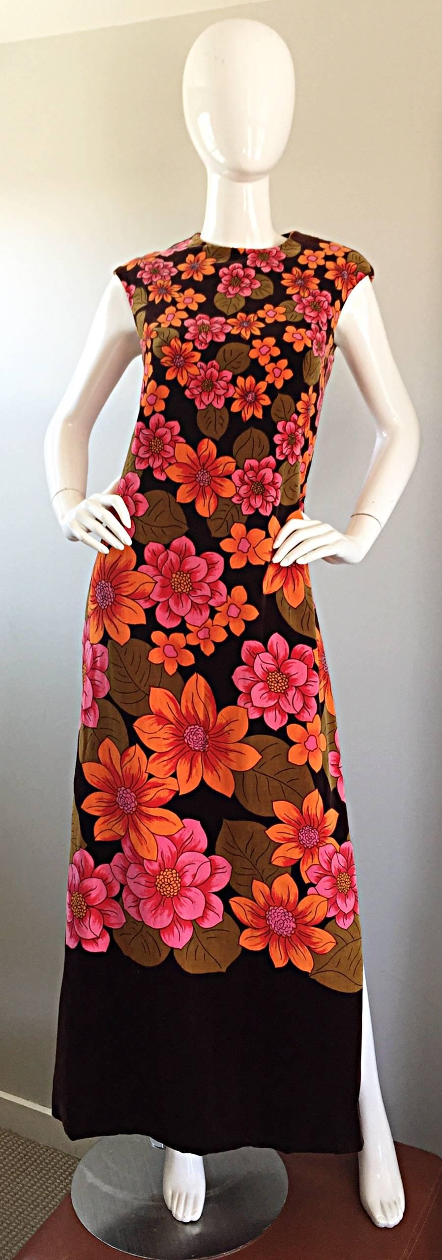 1960s Dynasty Pink + Orange + Brown Velvet Vintage Late 60s Flower Maxi Dress In Excellent Condition For Sale In San Diego, CA
