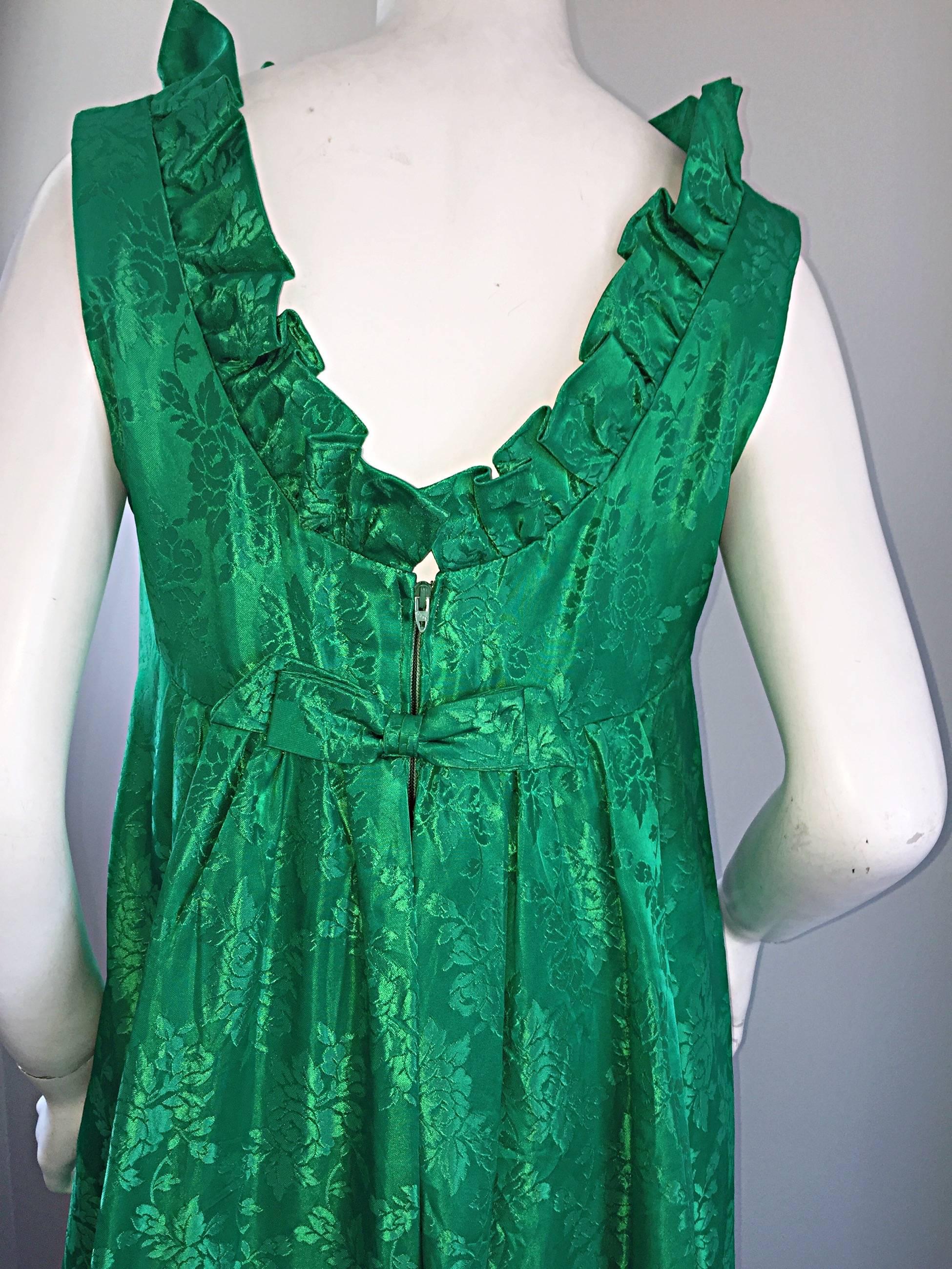 Women's Rare Priscilla of Boston 1960s Kelly Green Silk Brocade Vintage Gown w/ Train