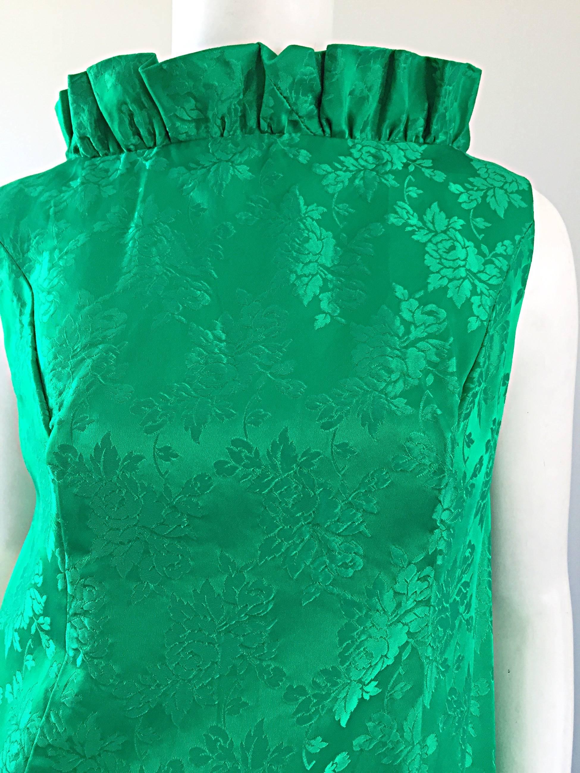 Rare Priscilla of Boston 1960s Kelly Green Silk Brocade Vintage Gown w/ Train 1