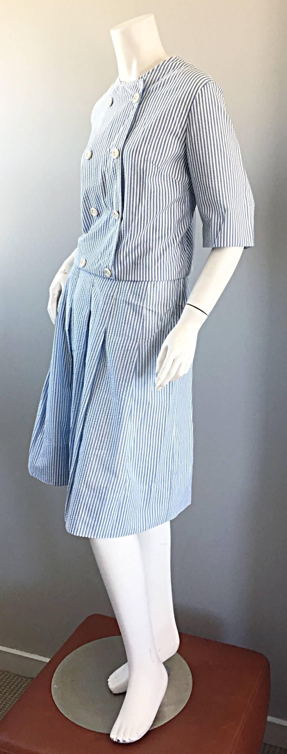 1960er Florence Walsh Vintage Seersucker Blau und Weiß gestreifter Baumwollanzug 60er Jahre Damen im Angebot