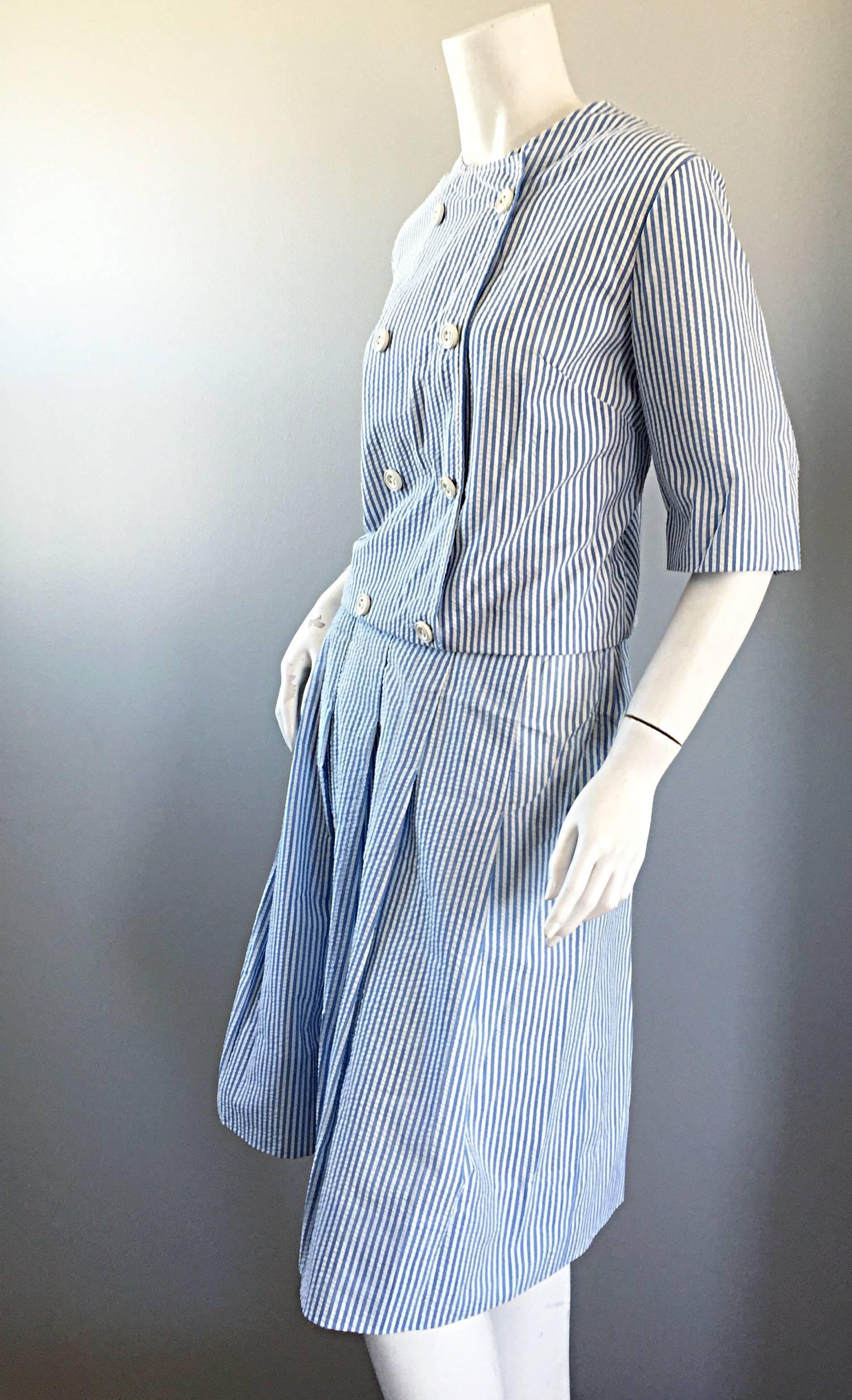 1960er Florence Walsh Vintage Seersucker Blau und Weiß gestreifter Baumwollanzug 60er Jahre (Violett) im Angebot