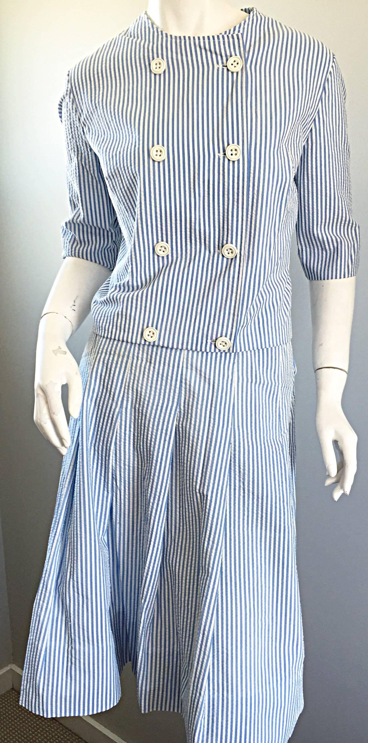 Purple 1960s Florence Walsh Vintage Seersucker Blue and White Striped Cotton 60s Suit For Sale