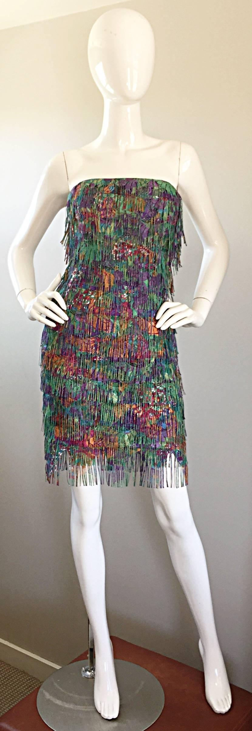Incredible vintage PATRICIA RHODES colorful full fringed strapless dress! Amazing construction with heavy attention to detail! Features practically every color of the rainbow, with allover French lace, with tiered fringed overlay. Looks wonderful