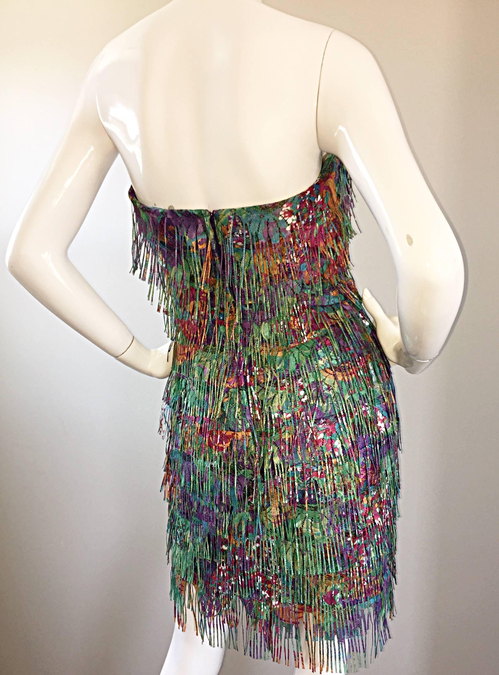 Women's Patricia Rhodes Vintage Fully Fringed Colorful Strapless Dress Size 4 For Sale