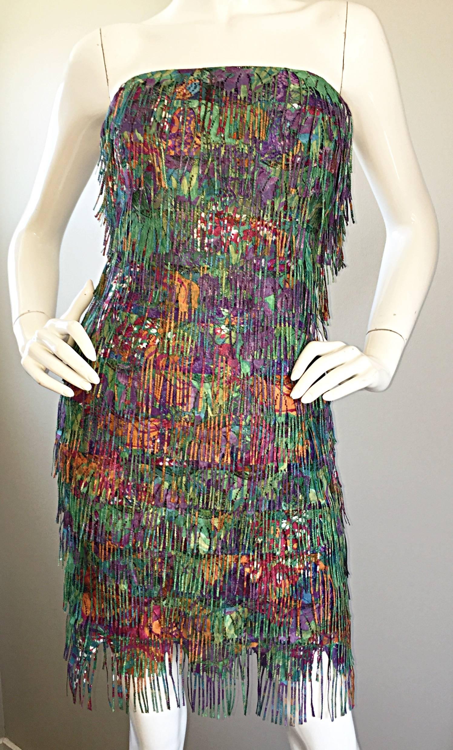 Patricia Rhodes Vintage Fully Fringed Colorful Strapless Dress Size 4 In Excellent Condition For Sale In San Diego, CA