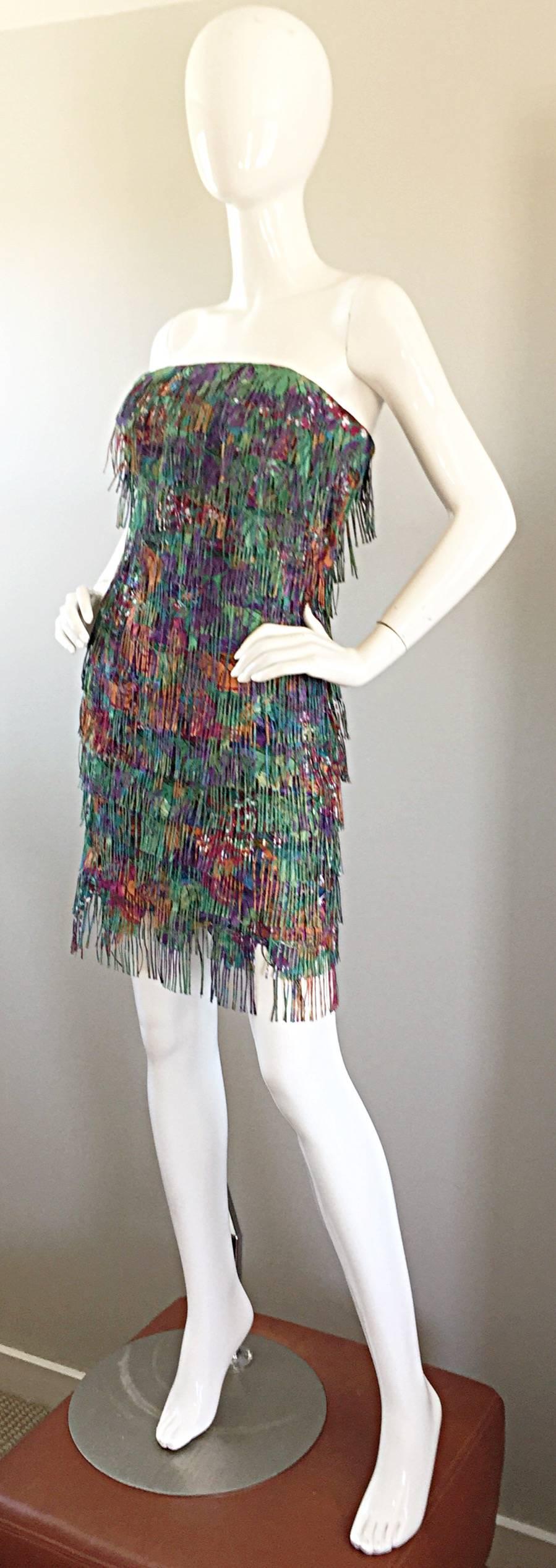Gray Patricia Rhodes Vintage Fully Fringed Colorful Strapless Dress Size 4 For Sale