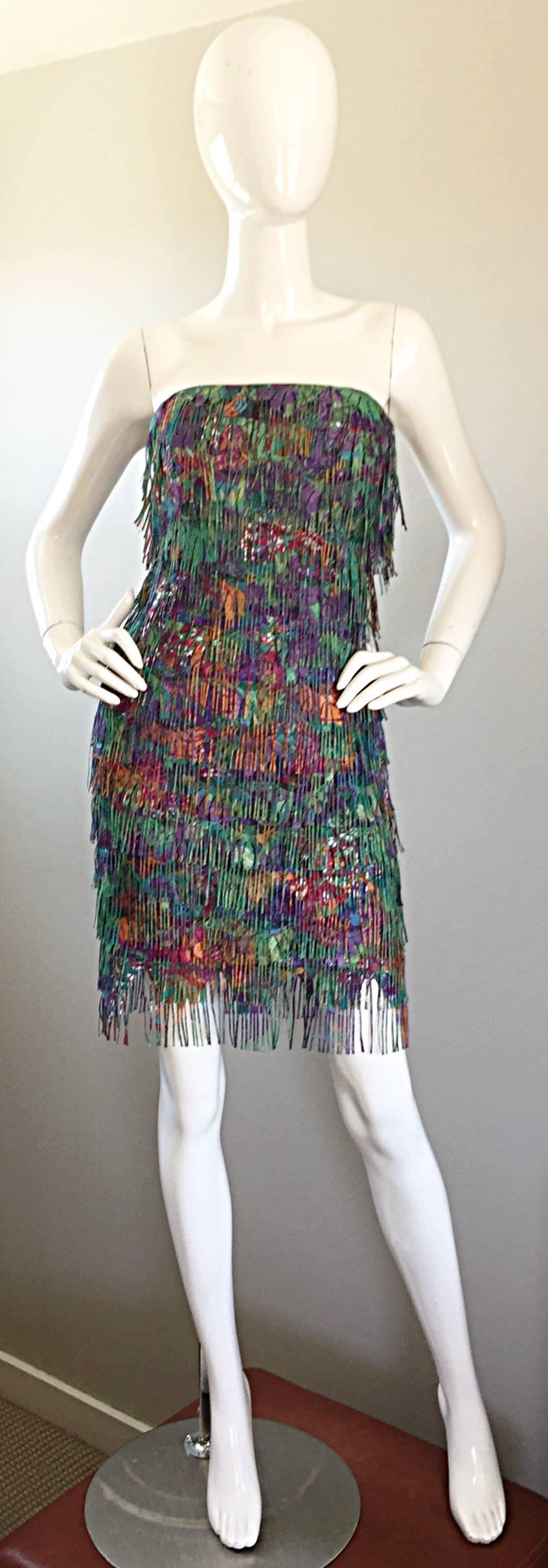 Patricia Rhodes Vintage Fully Fringed Colorful Strapless Dress Size 4 For Sale 1