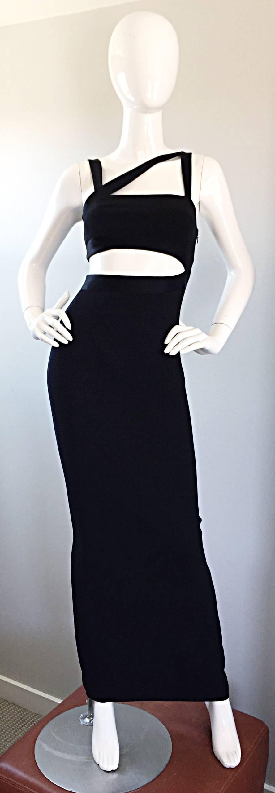 Sexiest vintage LILLIE RUBIN black cut-out bodcon full length evening dress! Sexy flattering body hugging fit hugs the body in all the right places. Slit up the back center reveals just the right amount of skin. Hidden zipper up the side with