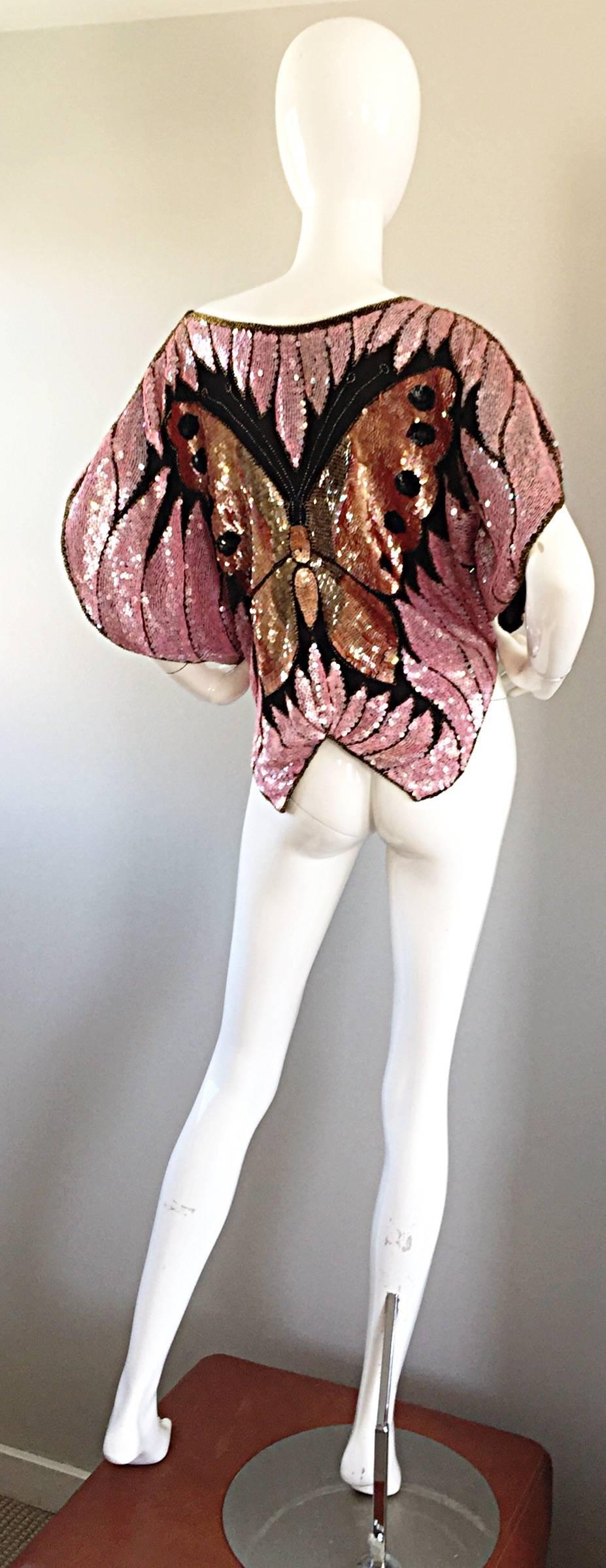 Women's Vintage Sweelo 1970s Butterfly Silk Fully Sequined & Beaded Pink + Gold Top