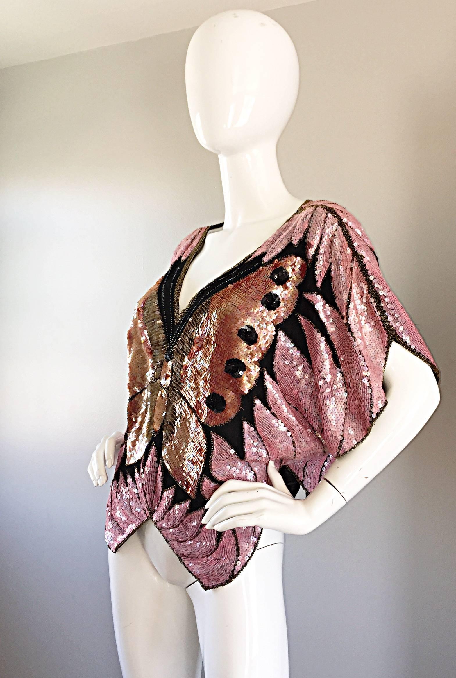 Vintage Sweelo 1970s Butterfly Silk Fully Sequined & Beaded Pink + Gold Top 2