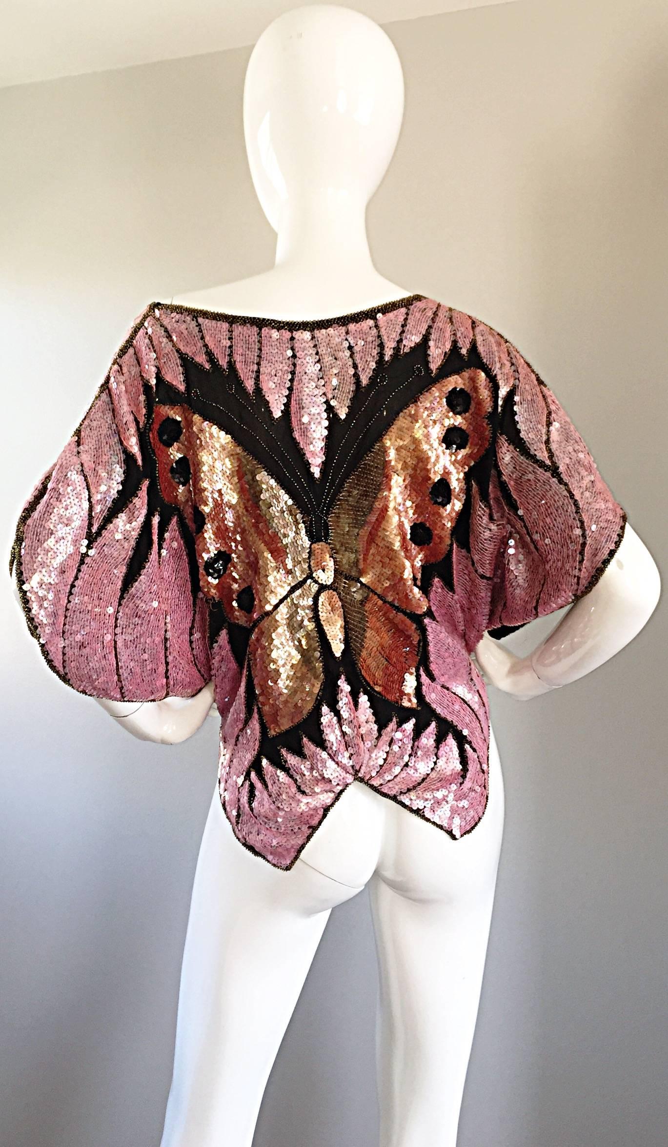 Vintage Sweelo 1970s Butterfly Silk Fully Sequined & Beaded Pink + Gold Top 1
