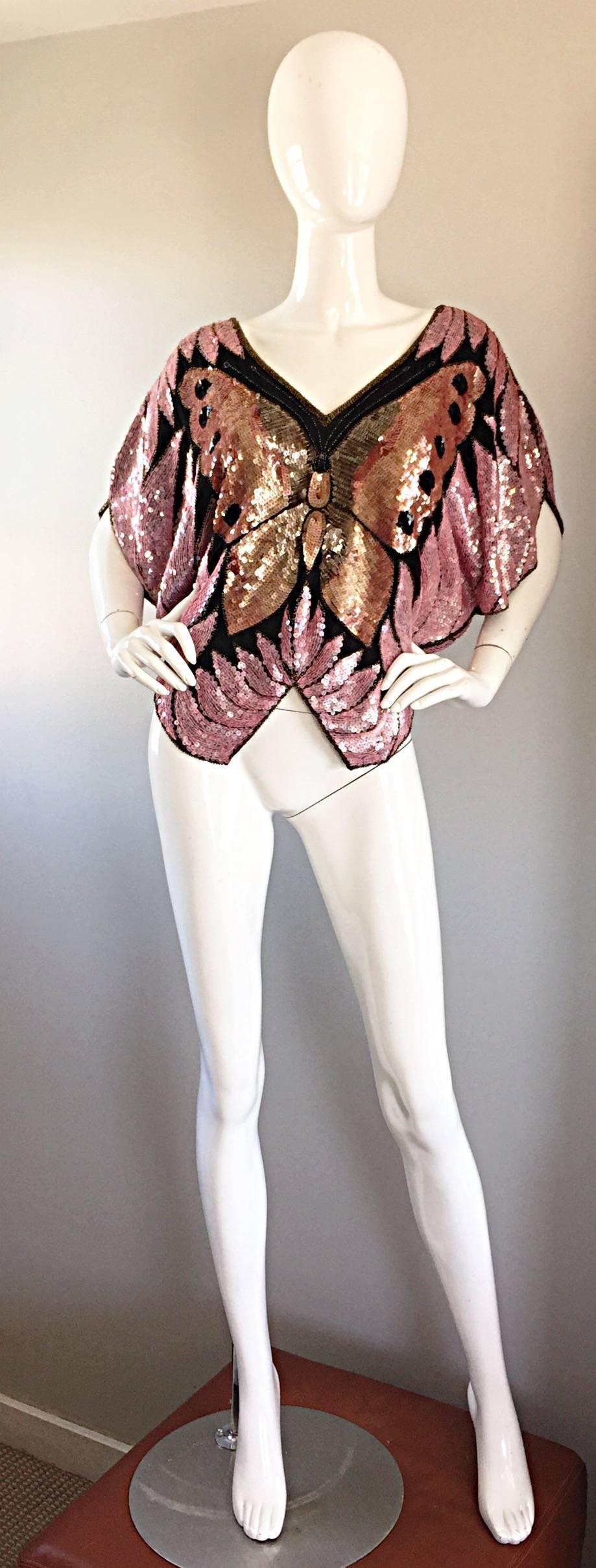 Vintage Sweelo 1970s Butterfly Silk Fully Sequined & Beaded Pink + Gold Top 3
