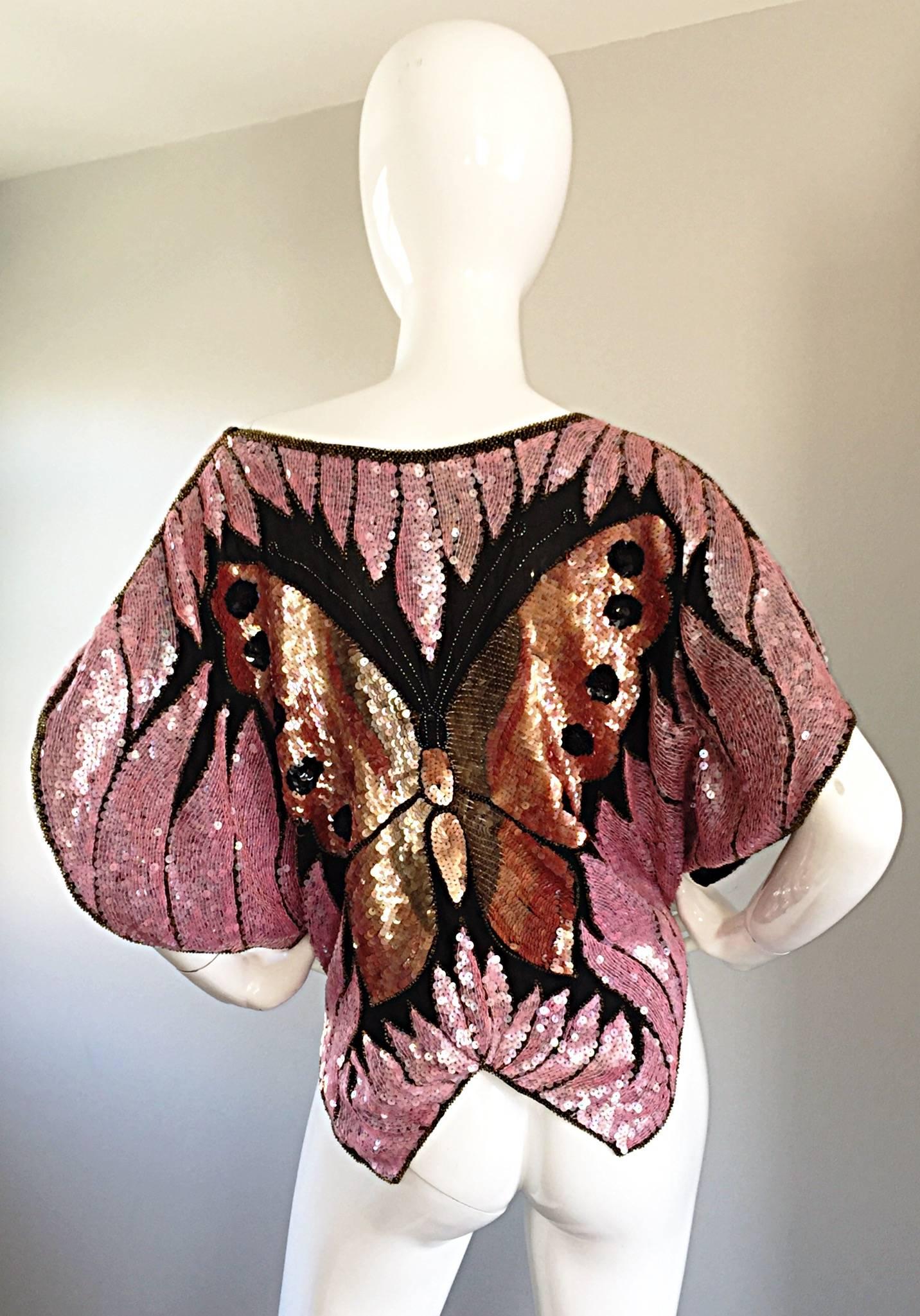 Vintage Sweelo 1970s Butterfly Silk Fully Sequined & Beaded Pink + Gold Top 4