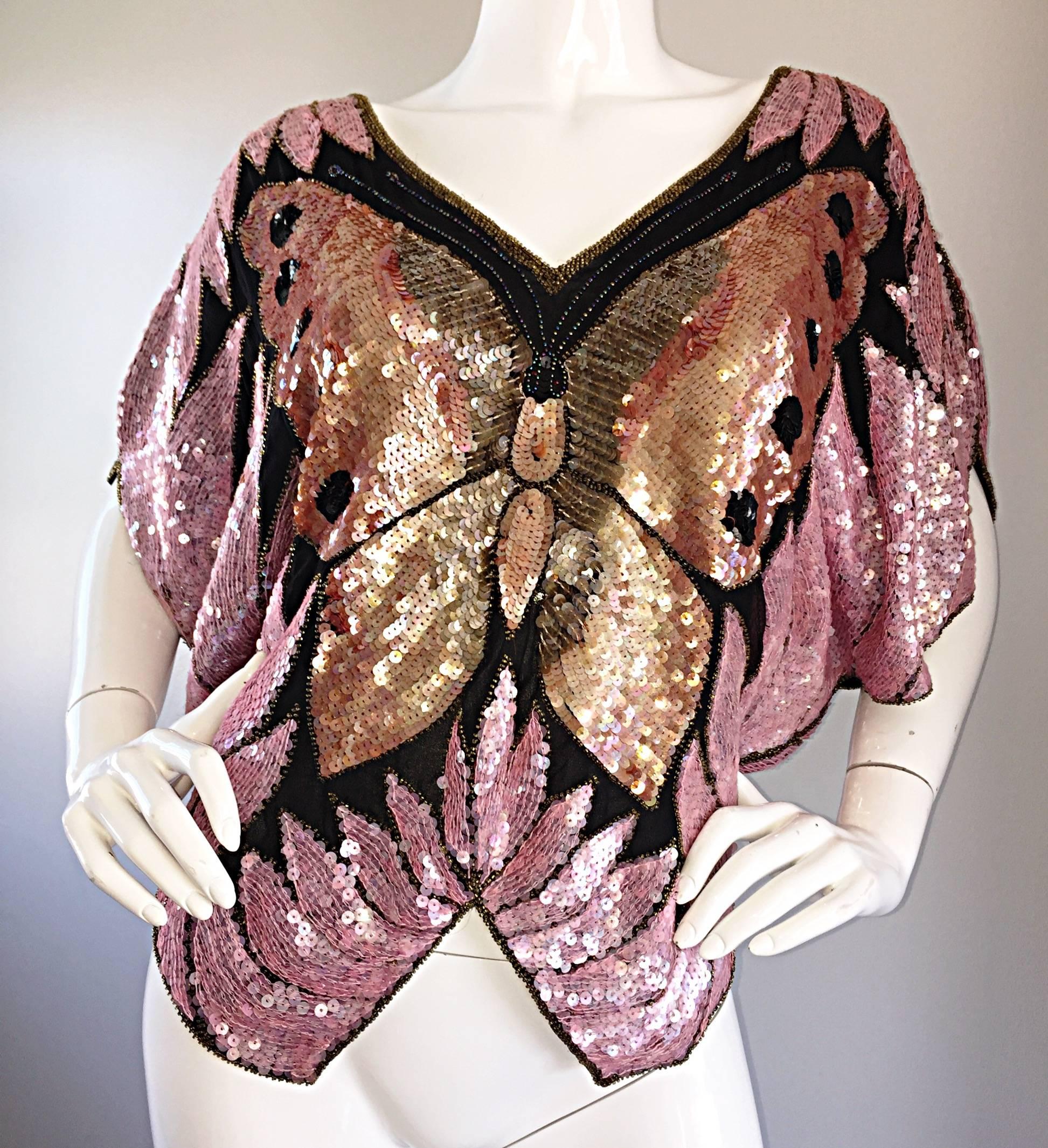 Vintage Sweelo 1970s Butterfly Silk Fully Sequined & Beaded Pink + Gold Top 5