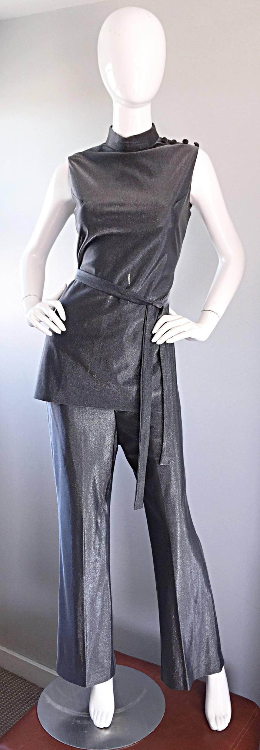 Women's Vintage 1970s Gunmetal Silver Three Piece 70s Belted Tunic & Flared Leg Trousers
