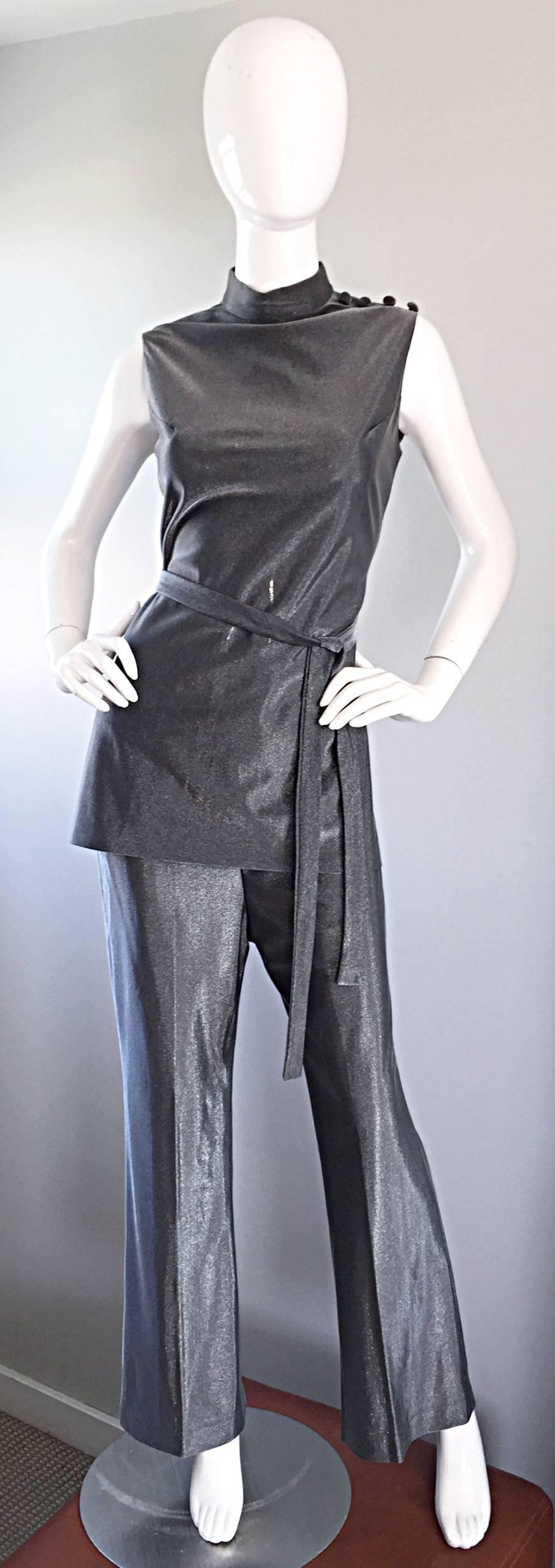 Vintage 1970s Gunmetal Silver Three Piece 70s Belted Tunic & Flared Leg Trousers 4