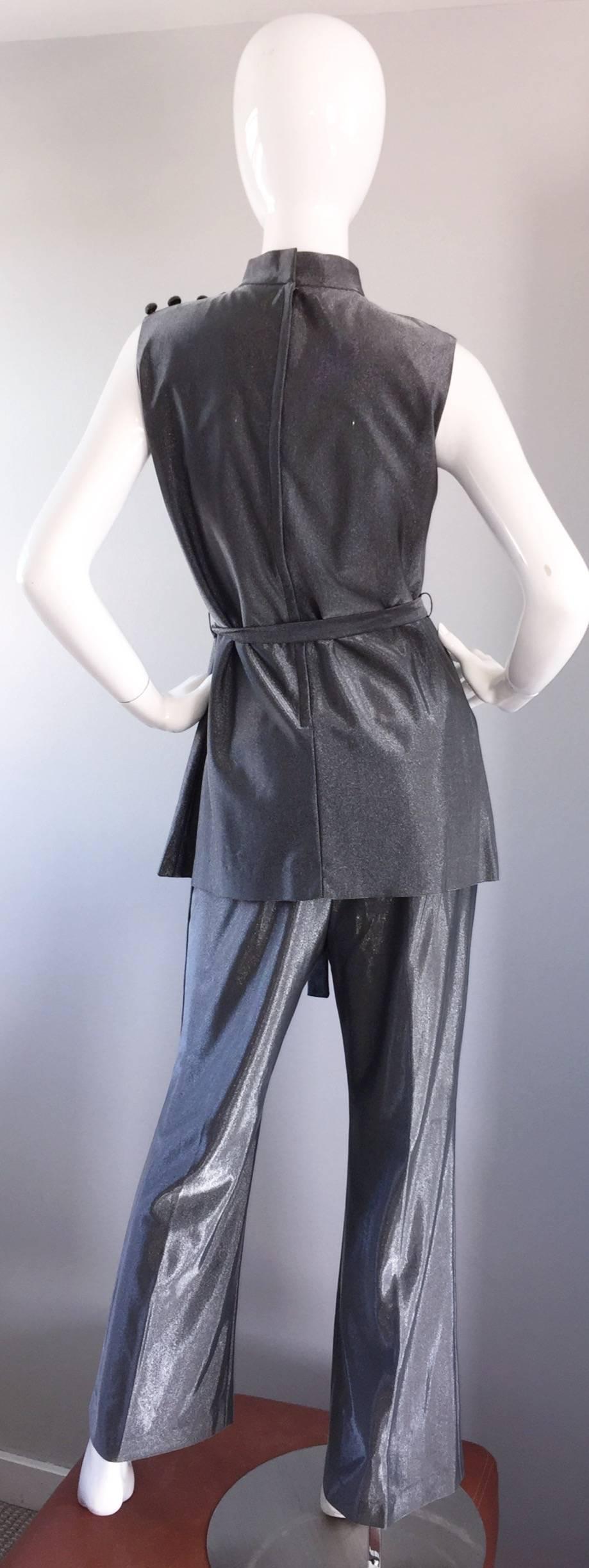 Vintage 1970s Gunmetal Silver Three Piece 70s Belted Tunic & Flared Leg Trousers 3