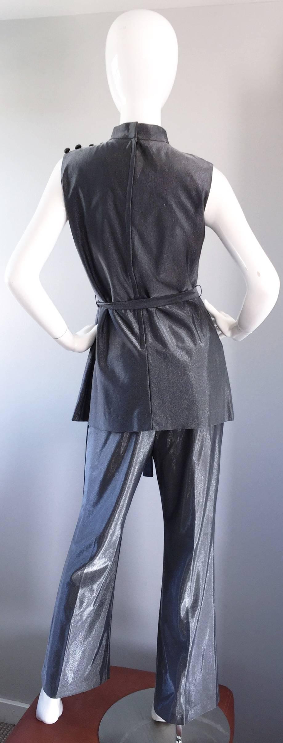 Vintage 1970s Gunmetal Silver Three Piece 70s Belted Tunic & Flared Leg Trousers 1