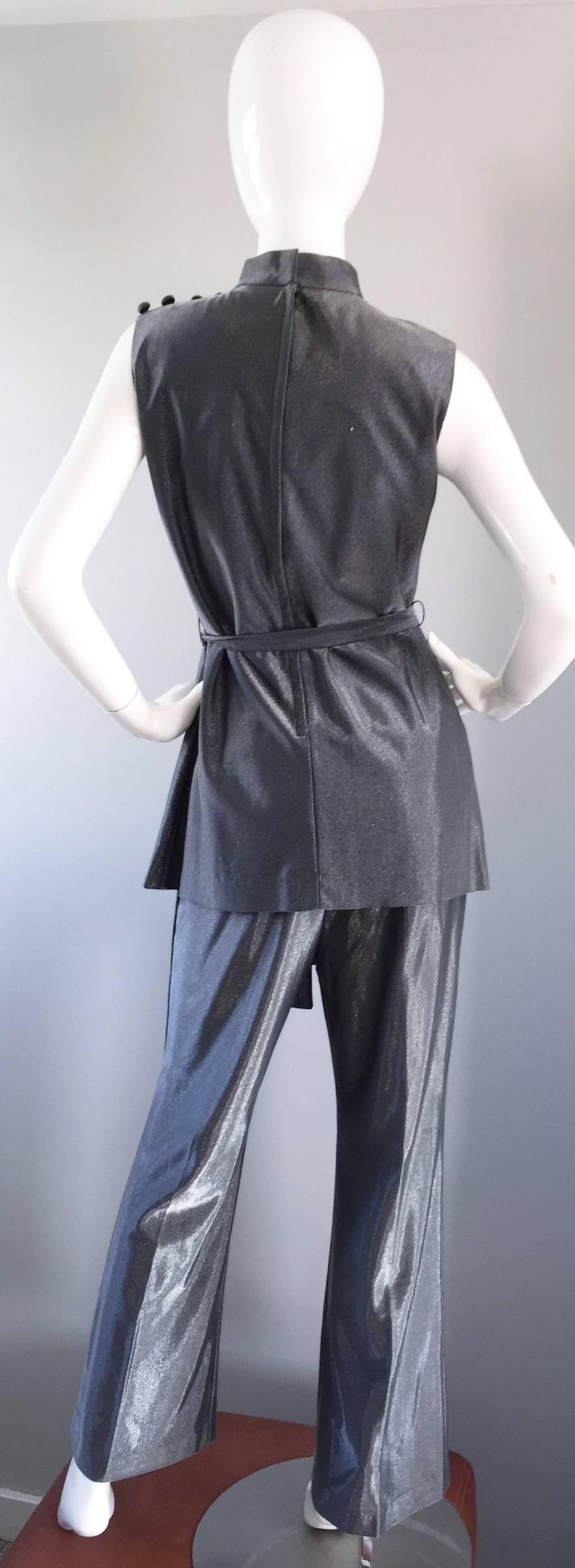 Vintage 1970s Gunmetal Silver Three Piece 70s Belted Tunic & Flared Leg Trousers 5
