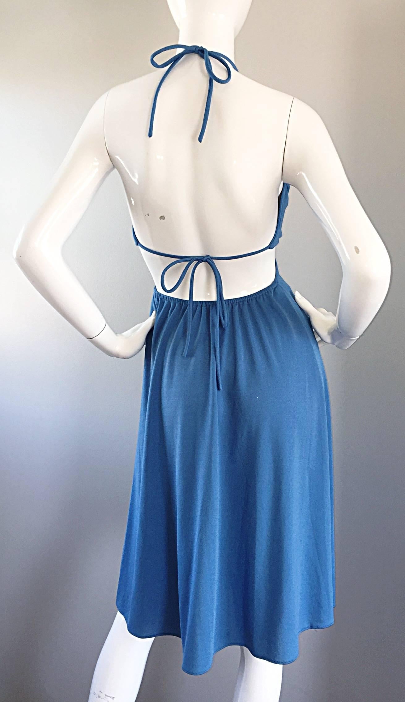 Vintage Samir 1970s Sexy Robin Egg Blue Cut Out Disco 70s Halter Dress Studio 54 In Excellent Condition In San Diego, CA