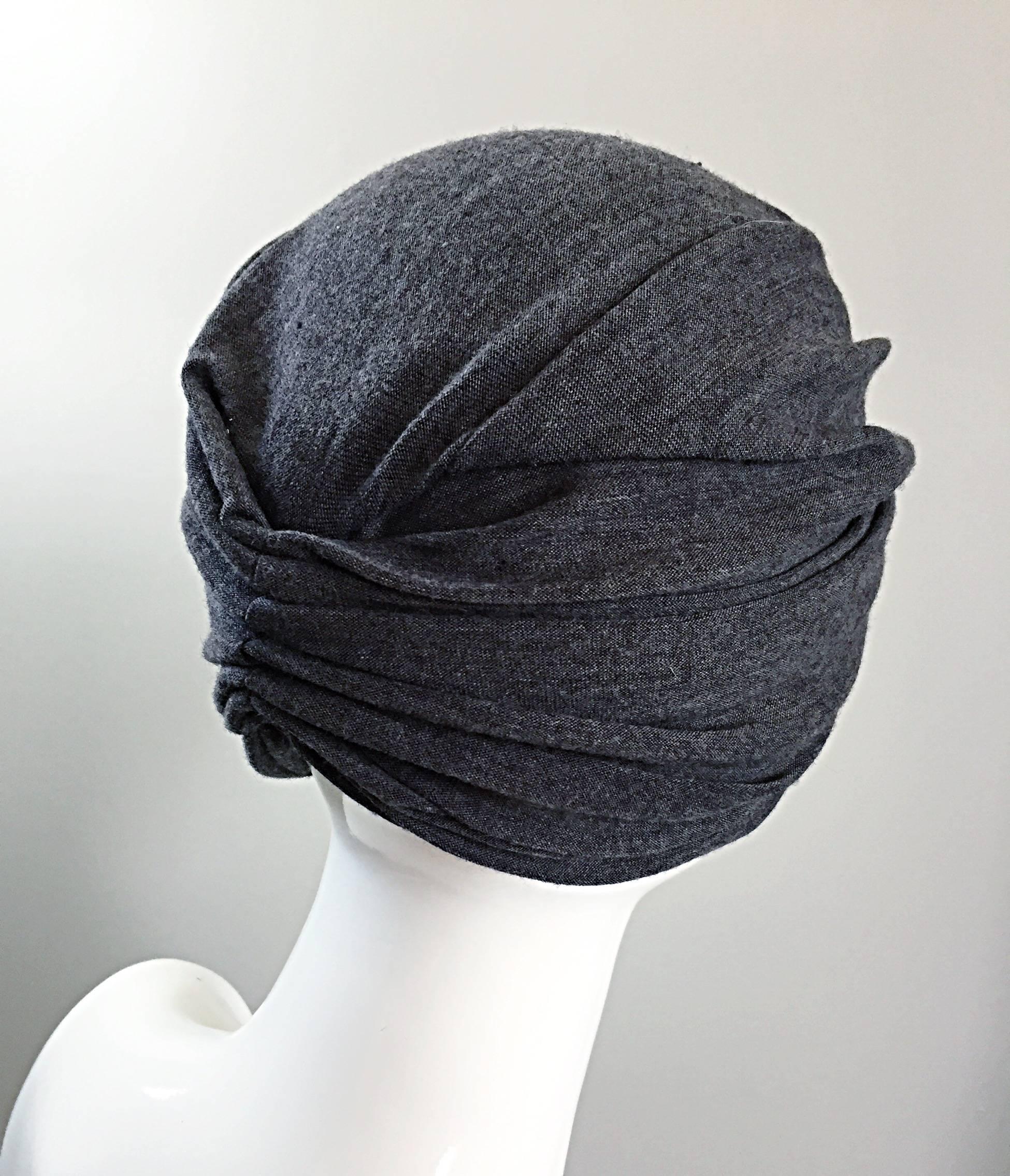 Black Vintage Christian Dior for Saks 5th Ave 1960s 60s Grey Wool Turban Silver Buckle
