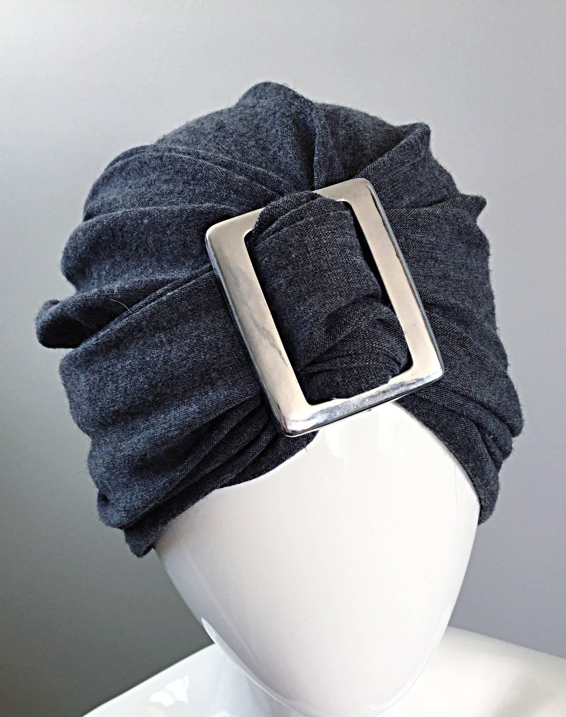 Vintage Christian Dior for Saks 5th Ave 1960s 60s Grey Wool Turban Silver Buckle 2