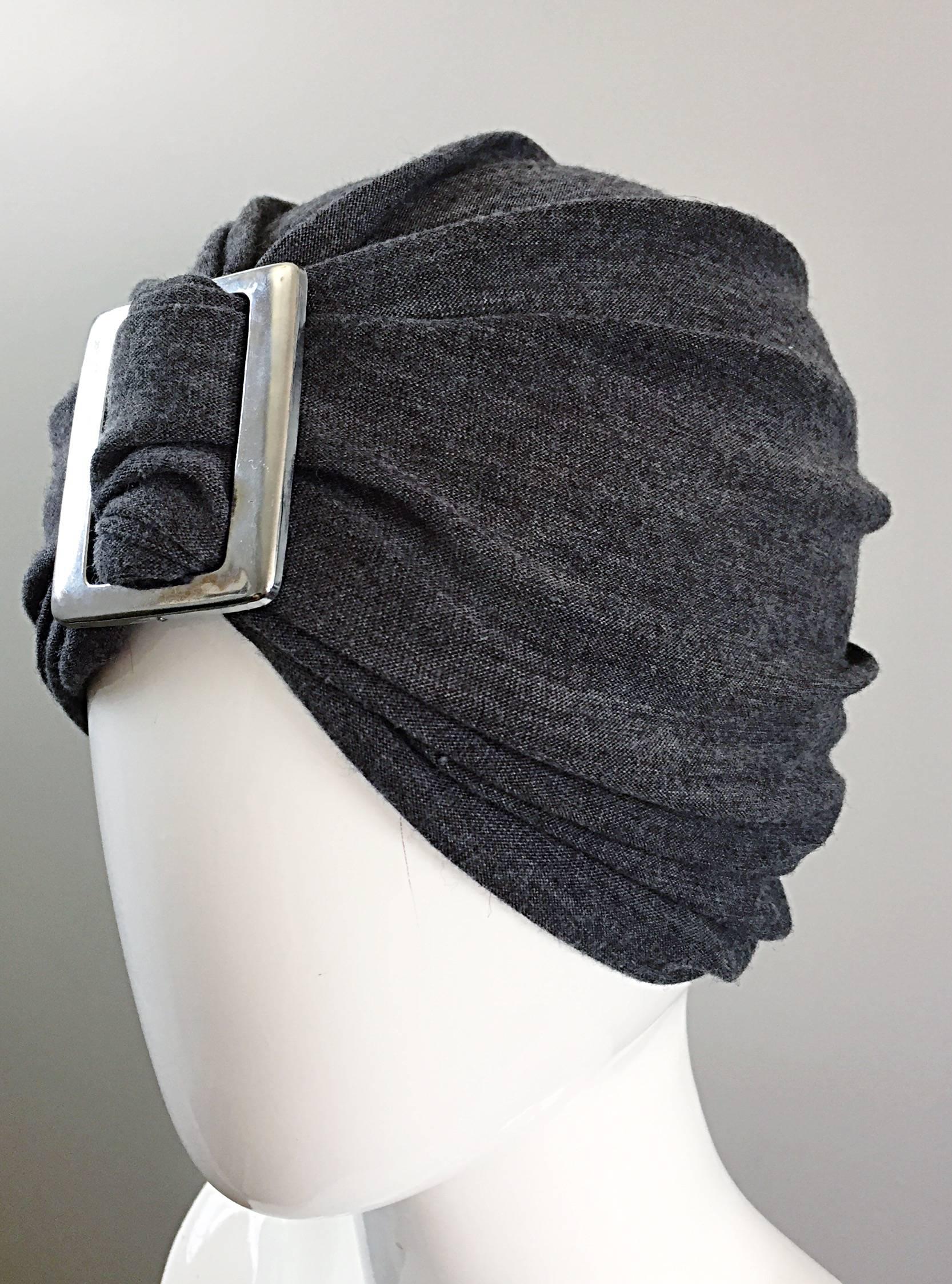 Women's Vintage Christian Dior for Saks 5th Ave 1960s 60s Grey Wool Turban Silver Buckle