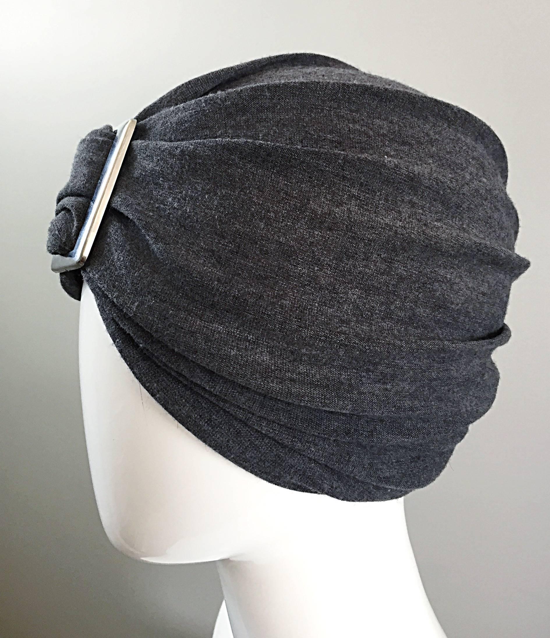 Vintage Christian Dior for Saks 5th Ave 1960s 60s Grey Wool Turban Silver Buckle 1