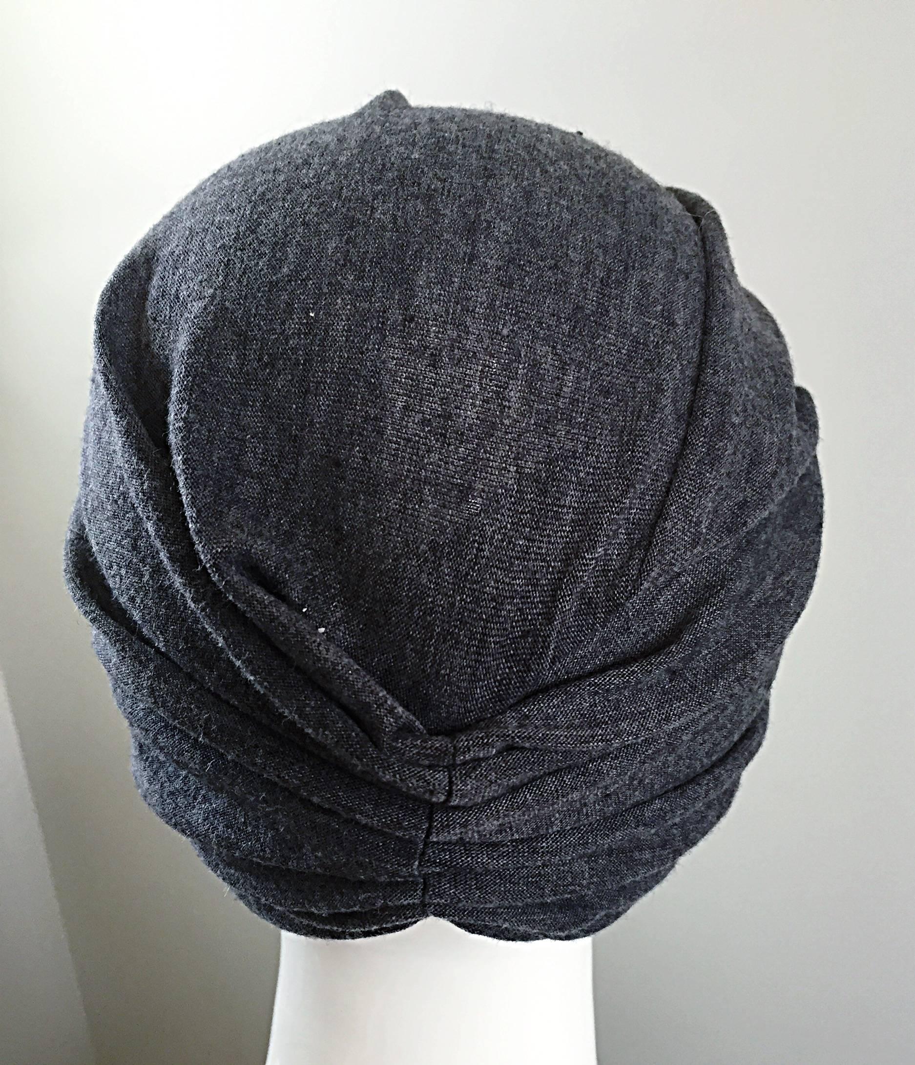 Vintage Christian Dior for Saks 5th Ave 1960s 60s Grey Wool Turban Silver Buckle In Excellent Condition In San Diego, CA