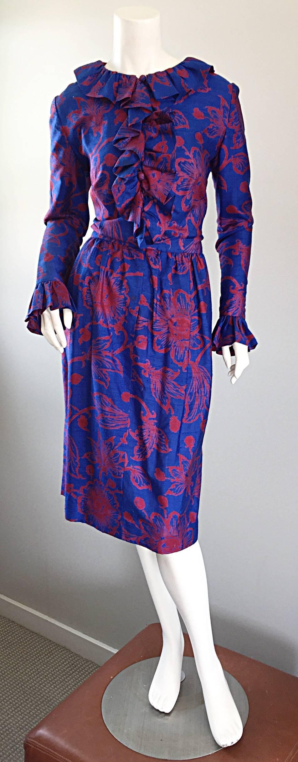 1960s Yen Yen of Malaya Blue & Red Silk Vintage Ruffle 60s Flower Thai Dress For Sale 2