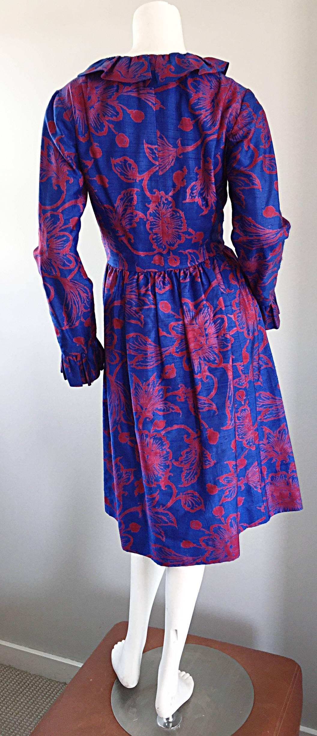 Purple 1960s Yen Yen of Malaya Blue & Red Silk Vintage Ruffle 60s Flower Thai Dress For Sale
