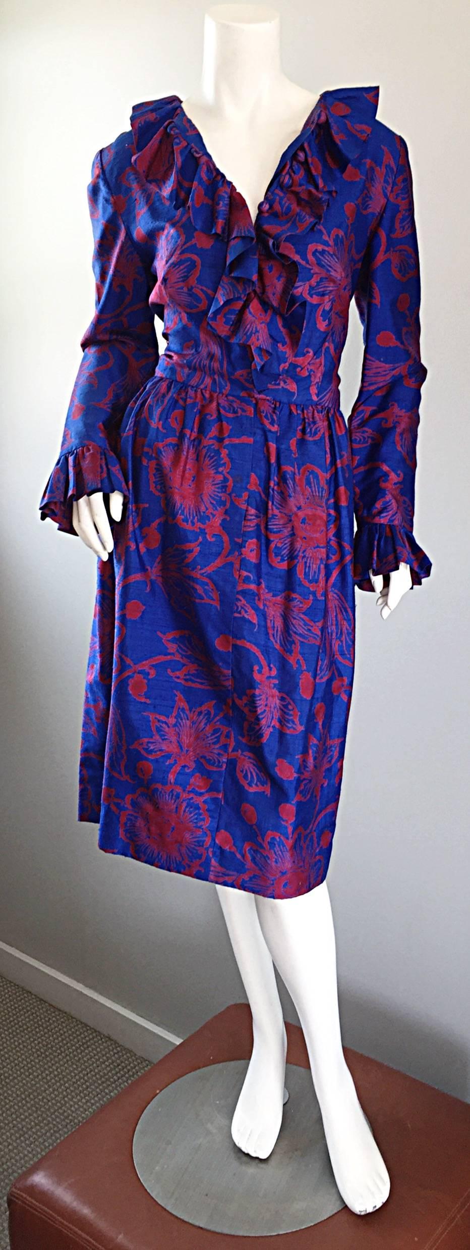 1960s Yen Yen of Malaya Blue & Red Silk Vintage Ruffle 60s Flower Thai Dress In Excellent Condition For Sale In San Diego, CA