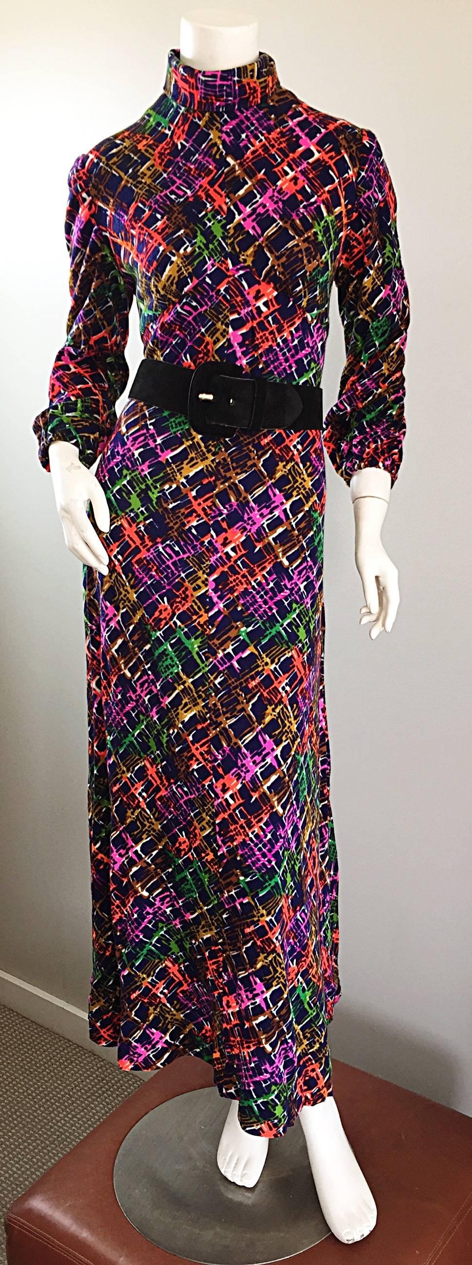 Vintage Rainbow ' Barbed Wire ' 1970s Colorful Boho Long Sleeve 70s Maxi Dress 2