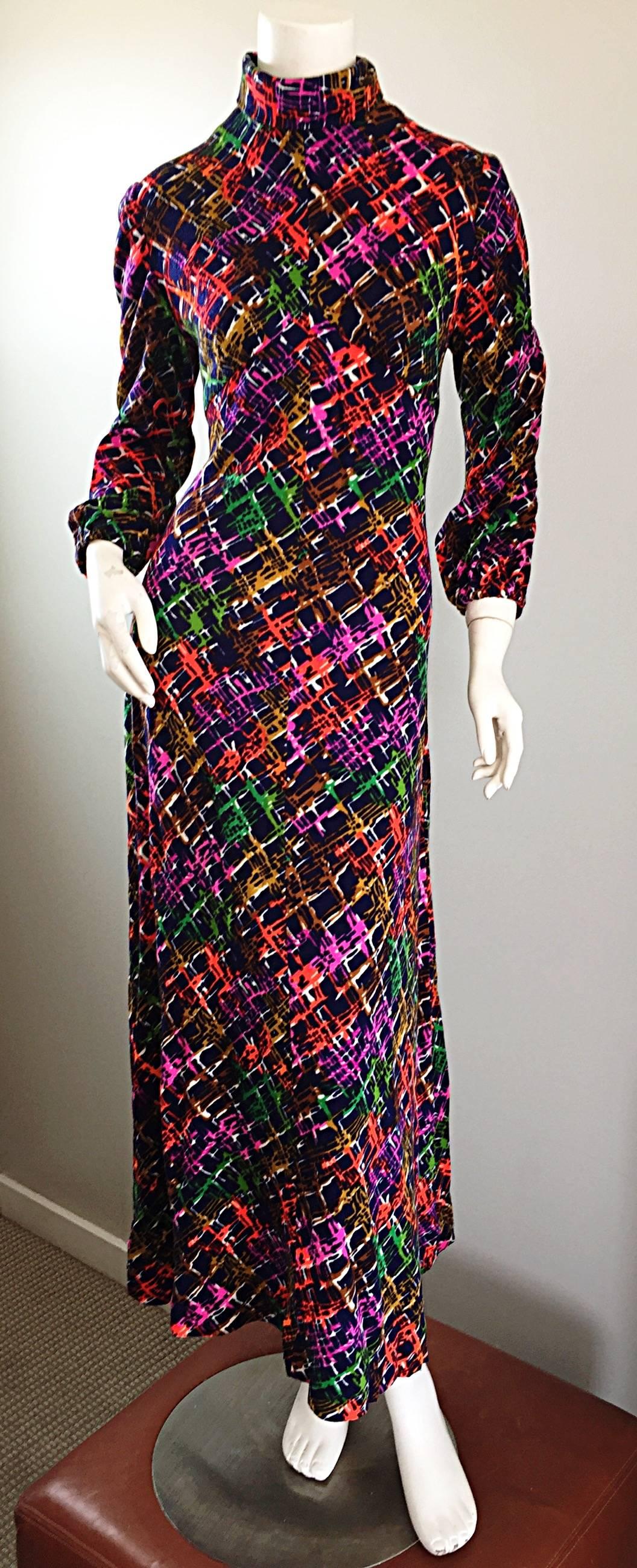Vintage Rainbow ' Barbed Wire ' 1970s Colorful Boho Long Sleeve 70s Maxi Dress 5