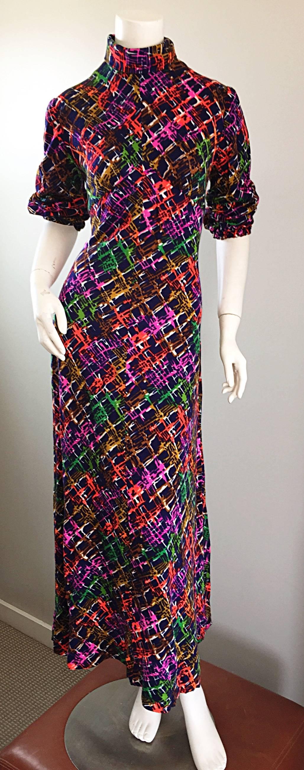 Women's Vintage Rainbow ' Barbed Wire ' 1970s Colorful Boho Long Sleeve 70s Maxi Dress